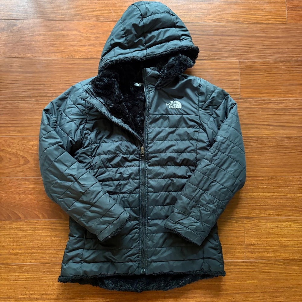 The North Face Girls L 14/16 Black Puffer Jacket Fleece Lined Hooded Winter Coat